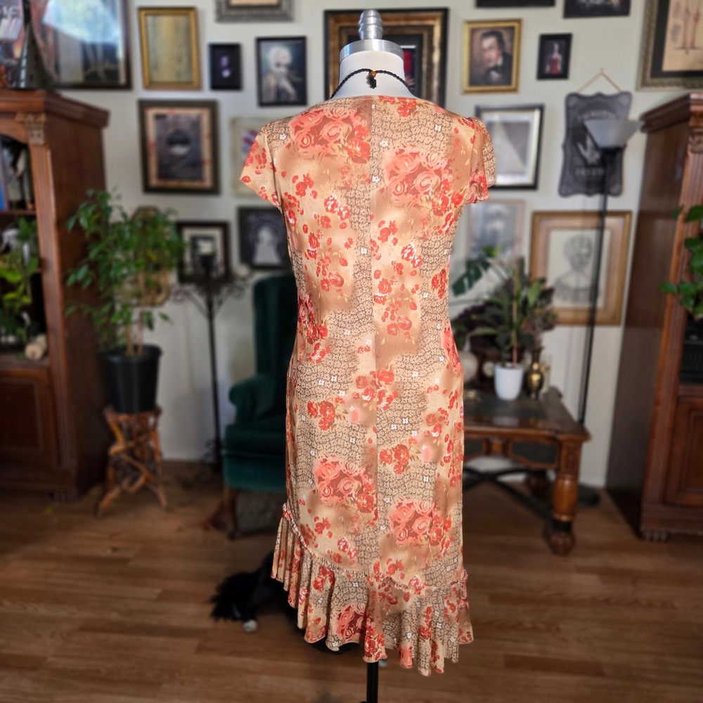 Vintage 90s DBY Floral Print V-Neck Ruffle Hem Midi Dress Orange Tan Womens - Picture 5 of 7